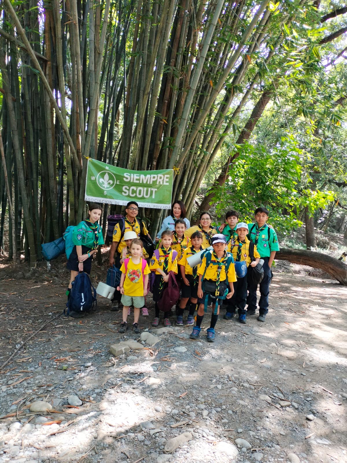 Grupo scout con el estandarte de Siempre Scout en un bosque de bambú